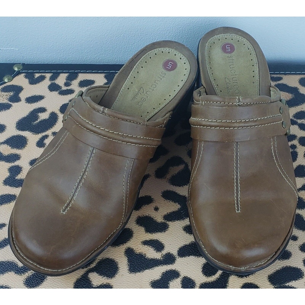 Clarks Sandals Women's Shoes Clogs Slip On Mules Leather Brown Size 7